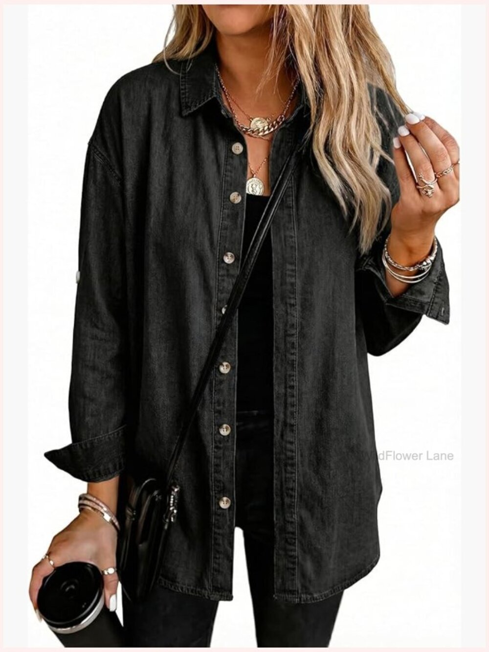 V-Neck Button Down Denim Shirt Oversized Long Sleeve Blouse
